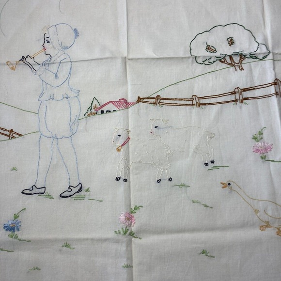Vintage Embroidered Small Tablecloth Linen Little Boy Blue Blowing Horn Lambs - Picture 4 of 12